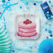 Kirschroter Kuchen Wasserfarben Feier Party Pappteller (Party)