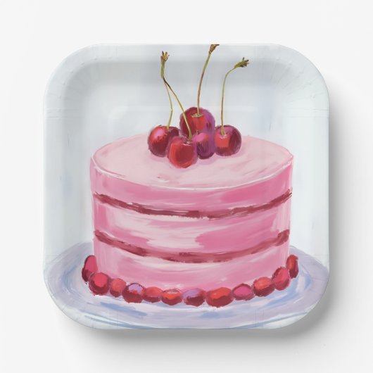 Kirschroter Kuchen Wasserfarben Feier Party Pappteller (Vorderseite)