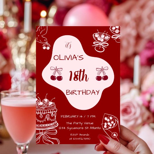 Kirschroter Valentinstag 18. Geburtstag Einladung