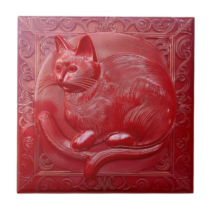 Kirschrotes Kunststoff-Relief Art Nouveau Katze Fliese