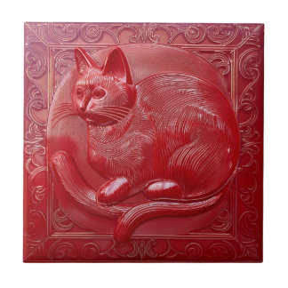 Kirschrotes Kunststoff-Relief Art Nouveau Katze Fliese