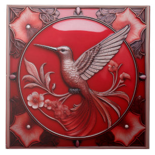 Kirschrotes Kunststoff-Relief Art Nouveau Kolibri  Fliese