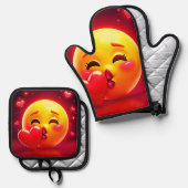 Kiss Emoji: Love and Hearts Art Ofenhandschuh & Topflappen-Set (Vorderseite/Rückseite)