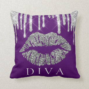 Kiss Lips Silbergraue Tropfen Glitzer Lila Diva Kissen