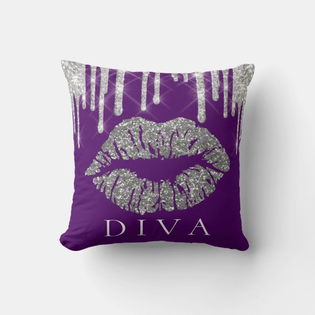 Kiss Lips Silver Grau Tropfens Glitzer Lila Diva Kissen (Vorderseite)