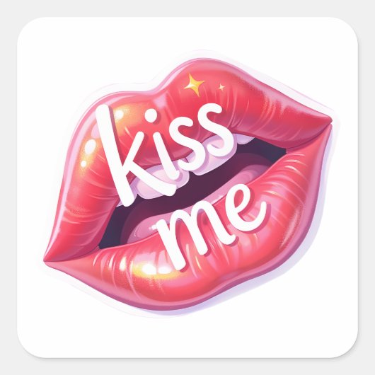 Kiss Me Glossy Red Lips Art Illustration Quadratischer Aufkleber (Vorderseite)