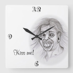 Kiss me! Pencil drawing black and white Design Quadratische Wanduhr