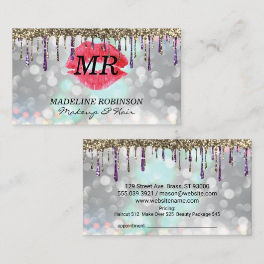 Kiss & Monogram | Glitzer Gold Lila | Boke Terminkarte (Vorne/Hinten)