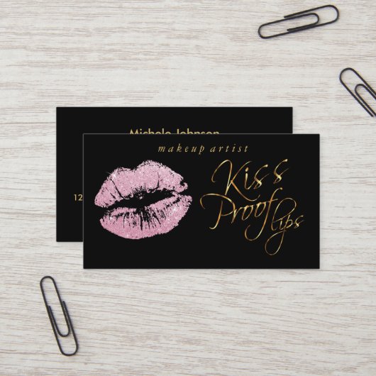 Kiss Proof Lips - Rosa Glitzer und elegantes Gold Visitenkarte (Vorderseite/Rückseite Beispiel)