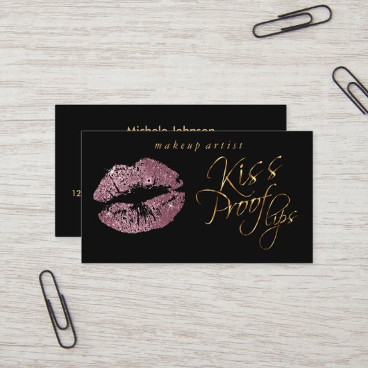 Kiss Proof Lips - Rose Glitzer und Elegantes Gold Visitenkarte (Vorderseite/Rückseite Beispiel)