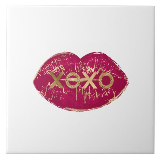 Kiss Red Lips Gold Glitzer XOXO Fliese (Vorderseite)