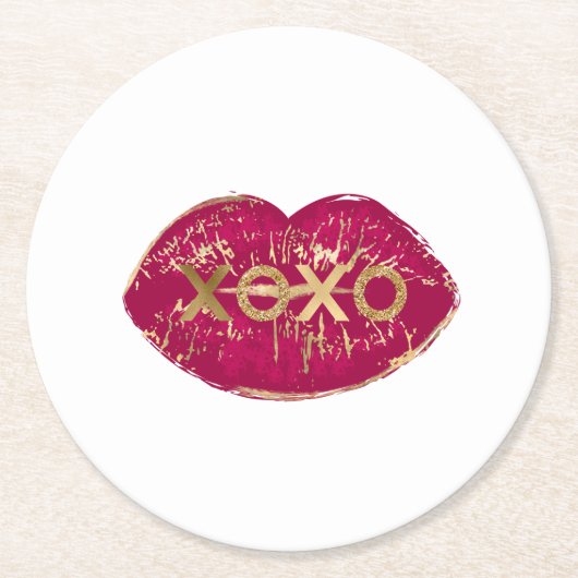 Kiss Red Lips Gold Glitzer XOXO Runder Pappuntersetzer (Vorderseite)