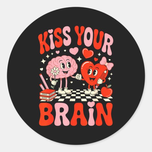 Kiss Your Brain Women Valentine's Day Retro School Runder Aufkleber (Vorderseite)
