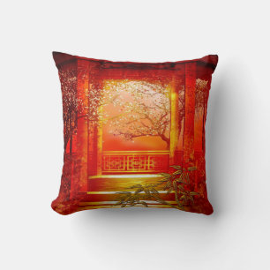 Kissen Asian Gold Red Bamboo Blossom