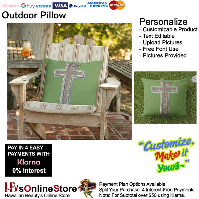 Kissen im Freien mit grünem Hintergrund (Cross Outdoor Throw Pillow with Green Background.)