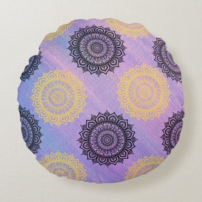 Kissen mit runden, gelben und schwarzen Blume (Vorderseite)