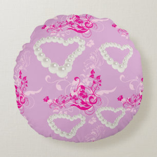 Kissenhülle Pearl Hearts Pink Floral Swirl Mauve Rundes Kissen