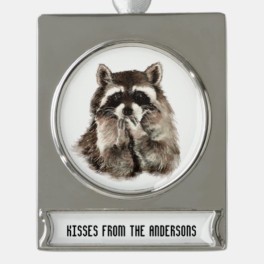 Kisses from Individuelle Name Fun Raccoon Banner-Ornament Silber (Vorderseite)