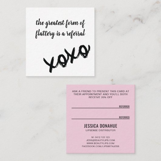 Kisses XOXO Schwarz-weiße und rosa Referenzkarte Quadratische Visitenkarte (Vorne/Hinten)