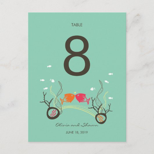 Kissing Fisches Corals Beach Hochzeit Tischnummer (Vorderseite)