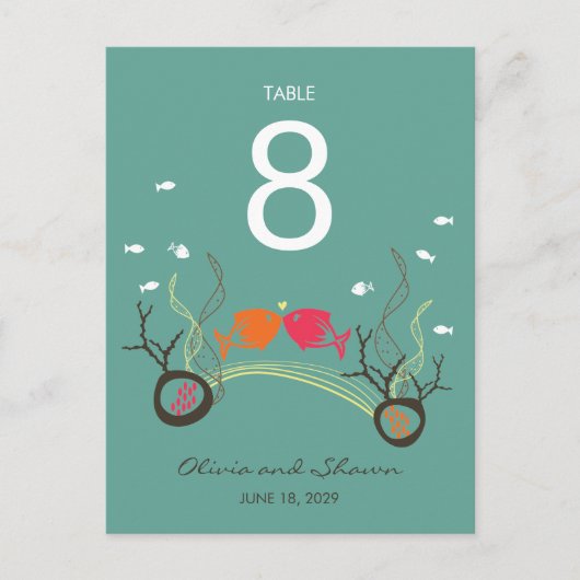 Kissing Fish & Corals Beach Hochzeit Tischnummer (Vorderseite)