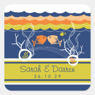Kissing Fish Corals Beach Whimsical Niedlich Weddi Quadratischer Aufkleber