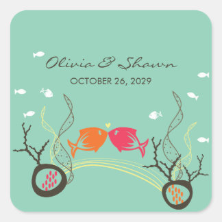 Kissing Fish Corals Beach Whimsical Niedlich Weddi Quadratischer Aufkleber