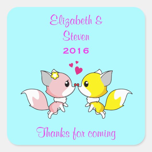 Kissing Foxes Wedding GevorVielen Dank Quadratischer Aufkleber (Vorderseite)