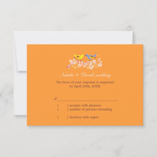 Kissing Love Birds Mandarine Wedding RSVP (Vorderseite)
