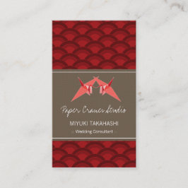 Kissing Origami Paper Cranes & Red Scallop Muster Visitenkarte