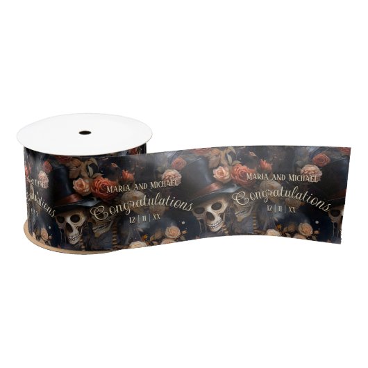 Kissing Skulls Dark Floral Romantic Macabre Gothic Satinband (Spule)