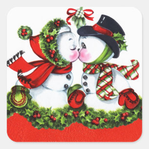 Kissing Snowman Couple Quadratischer Aufkleber