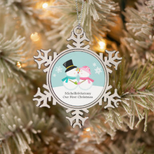 Kissing Snowmen Newlyweds Erste Weihnachten Schneeflocken Zinn-Ornament