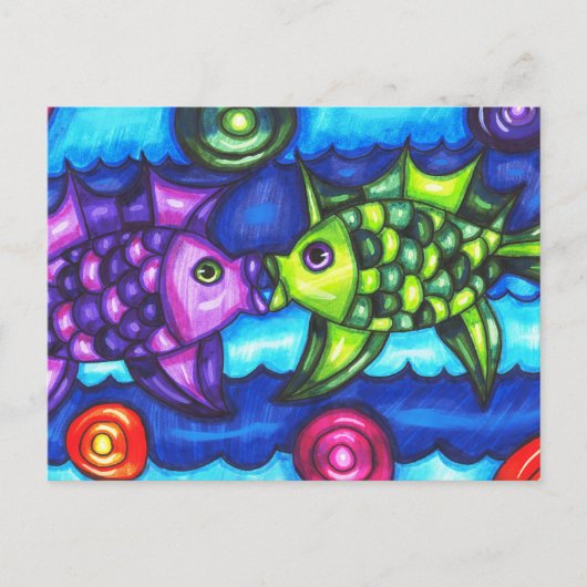 Kissy Fish whimsissiful farbenfrohe Meerestierkuns Postkarte (Vorderseite)