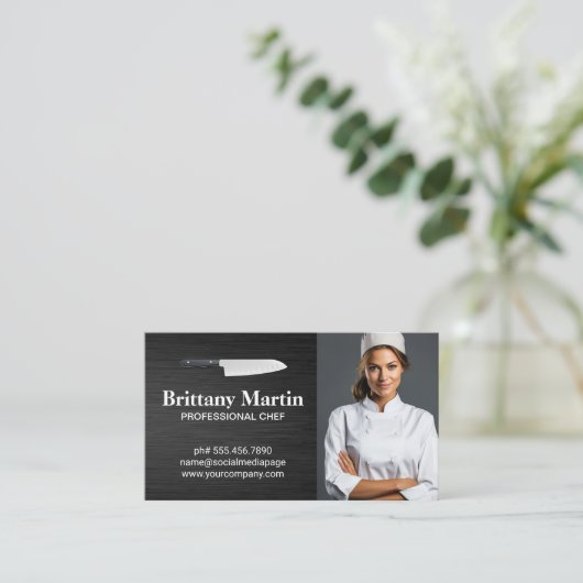 Kitchen Knife Logo | Koch von Frauen lächeln Visitenkarte (Stehend Vorderseite)