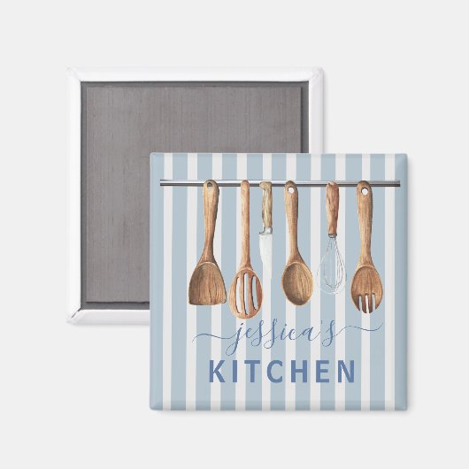 Kitchen Monogram Rezepte Utensils Modern Blue Magnet (Vorderseite/Rückseite)