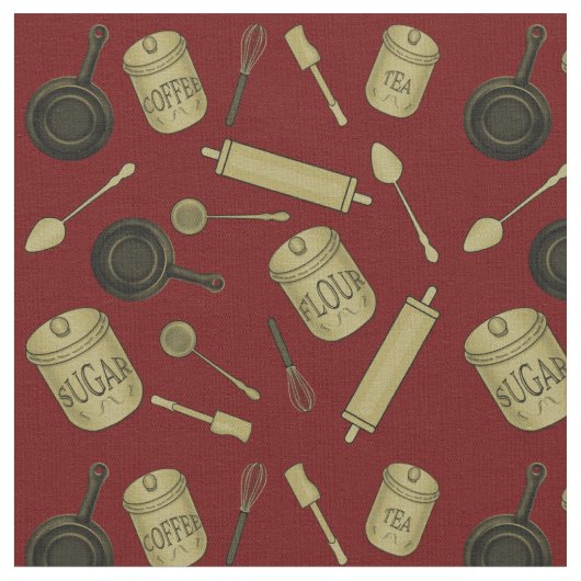 Kitchen Utensits Muster - Sepia auf Dunkelrot Stoff (Nahaufnahme)