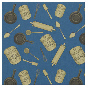 Kitchen Utensits Muster - Sepia on Dark Blue Stoff