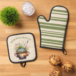 Kitchen Witch Braubake Verhexe Cottagecore Grün Ofenhandschuh & Topflappen-Set