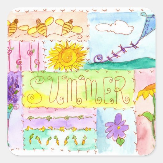 Kite Blume Bienen Wasserfarbe Sommer Quadratischer Aufkleber (Vorderseite)