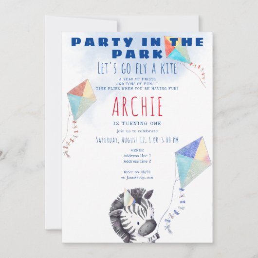 Kite Zebra jedes Alters Kleinkind Picnic Geburtsta Einladung (Vorderseite)