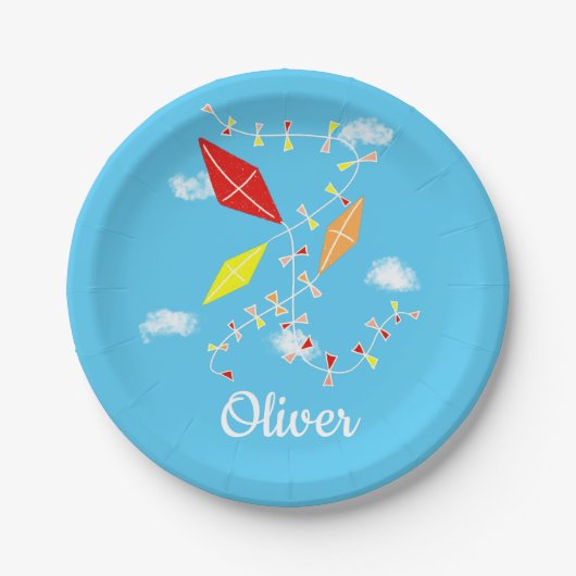 Kites in Sky Blue Boy Happy Birthday Party Pappteller (Vorderseite)