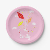 Kites in Sky Pink Girl Happy Birthday Party Pappteller (Vorderseite)