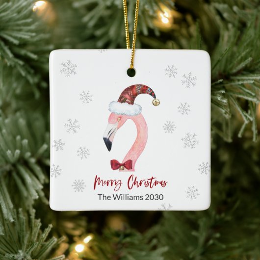 Kitsch Flamingo Karierte Weihnachtsmannmütze Weihn Keramikornament (Baum)