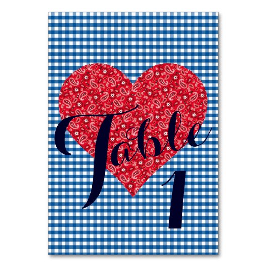 Kitsch Gingham Country Wedding Barbecue Tischnummer (Vorderseite)