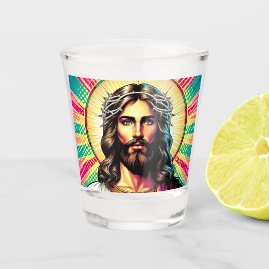 Kitsch Jesus hat eine Brille geschossen! Schnapsglas (Vorderseite)