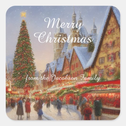 Kitsch Nostalgic German Christmas Market Greetings Quadratischer Aufkleber (Vorderseite)