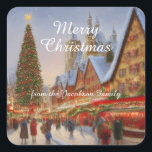 Kitsch Nostalgic German Christmas Market Greetings Quadratischer Aufkleber<br><div class="desc">Frohe Weihnachten! Ein nostalgisches kitschiges Design,  das viele Dorfbewohner in einem schneebedeckten Dorf mit einem Weihnachtsmarkt im deutschen Stil begeistert. Fühlen Sie sich frei,  um die Hauptgrüße,  und (natürlich) Ihren eigenen Familiennamen anpassen.</div>