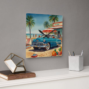Kitsch-Urlaub-Illustration der 50er Jahre Quadratische Wanduhr