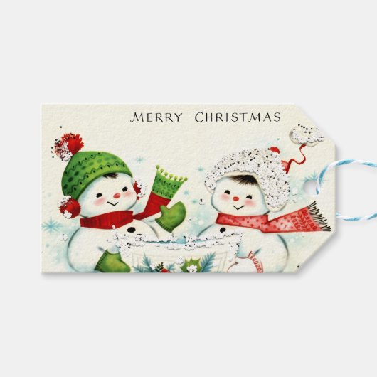 Kitschige Retro-Schneemänner Geschenkanhänger (Vorderseite (Horizontal))
